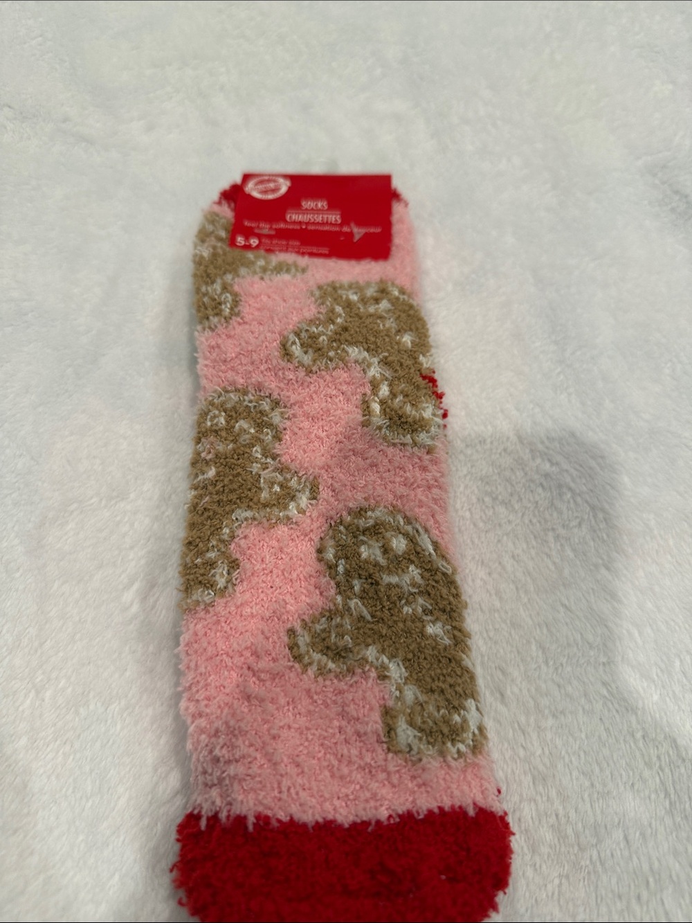 Cozy Pink & Tan Fuzzy Socks with Red Accent